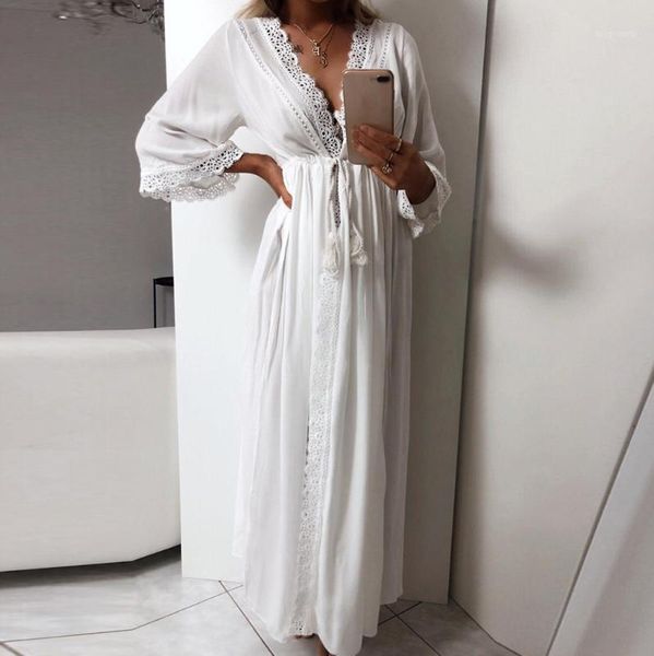 

plage pareo beach dress women tunics long maxi dress bikini cover up lace up robe de plage beach outing ladies vestidos playa1, White;black