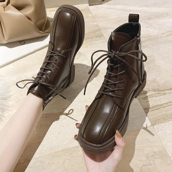 

riding boots rock shoes woman flat heel boots-women lace up round toe luxury designer 2021 low ankle ladies fashion fabric1, Black