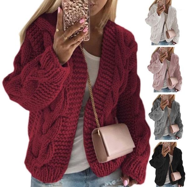 

women chunky cable knit cardigan solid color open front sweater coat twist thick crochet loose long sleeve outwear1, White