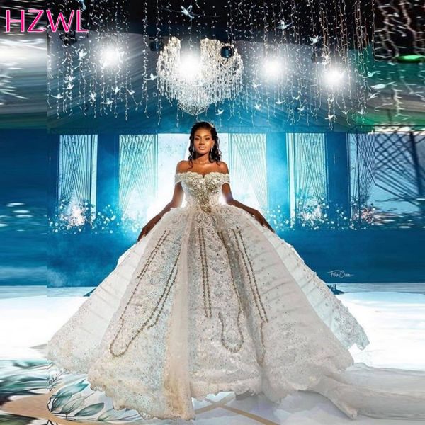 Саудовская Аравия Роскошные свадебные платья 2021 с плеча кружева бисером бальное платье Lace Up Назад Bridal Vestidos выполненного на заказ