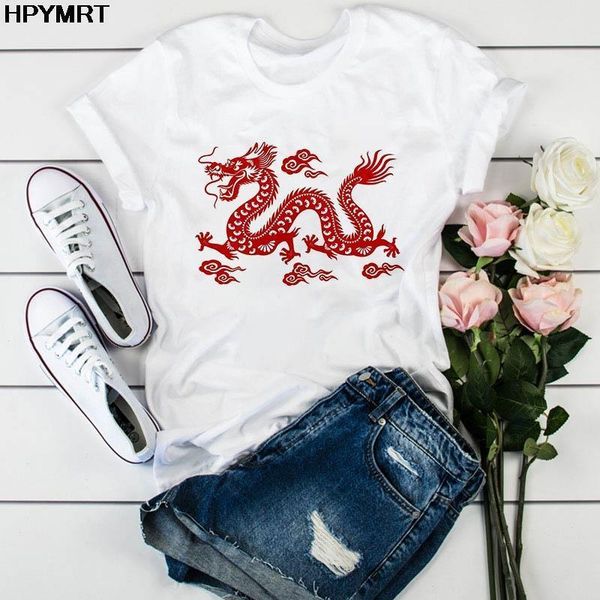 

t-рубашки harajuku женская уличная одежда китайский дракон печатные топы повседневная футболка женская новая летняя мода о-образная футболка, White