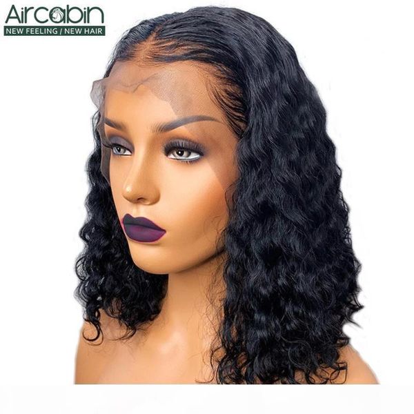 

aircabin water wave lace frontal bob wig brazilian human hair wigs for black women 8"-16" 150 120 density non-remy frontal wigs, Black;brown