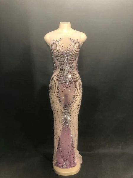 

casual dresses women summer temperament dress rhinestone mesh elastic long ball singer competition performance costume, Black;gray