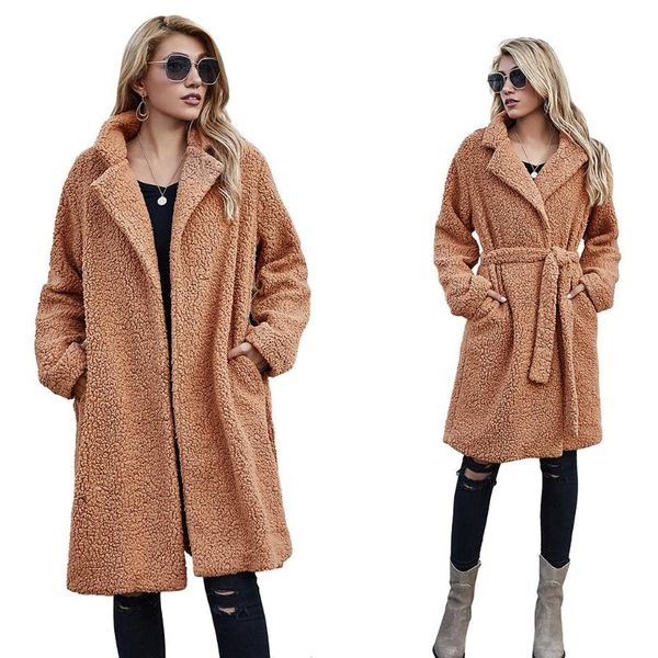 

women winter fuzzy plush long sleeve coat lapel collar belted jacket overcoat, Black;brown