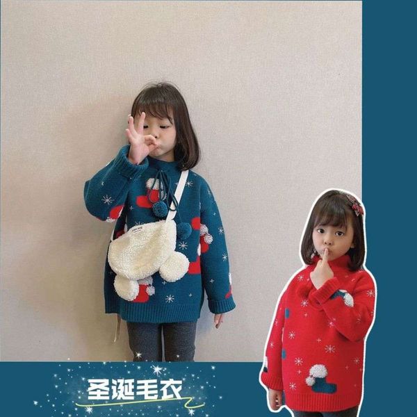 

korean 2020 girls' winter thickened new sweater t-shirt towel embroidered cartoon christmas children's wear, Blue