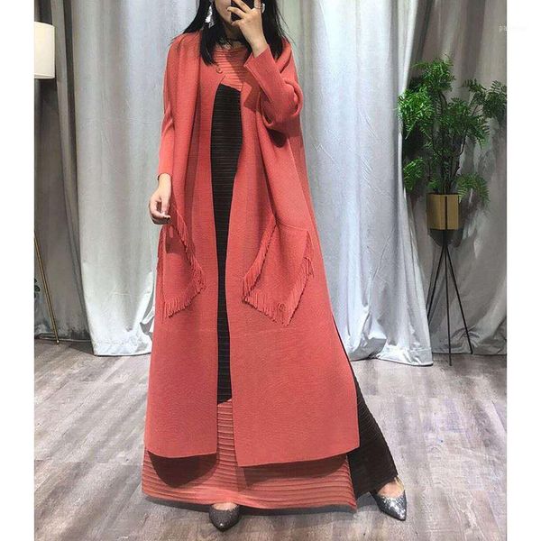 

changpleat new autumn 2018 women trench cardigan miyak pleated fashion design big pockets loose solid large size long coat tide1, Tan;black
