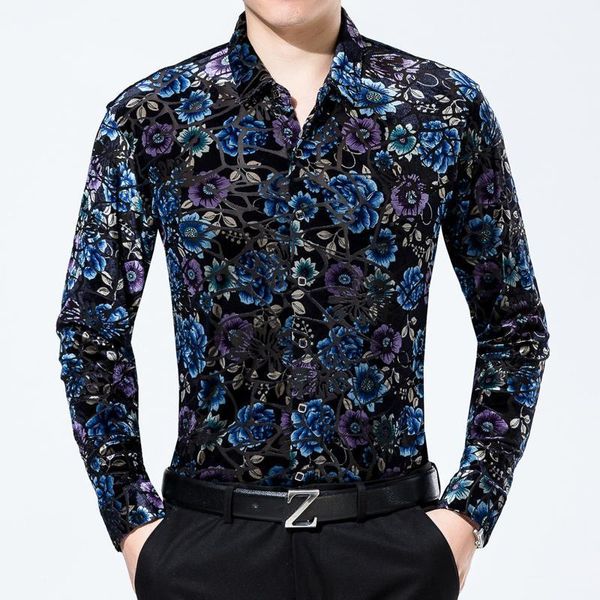 

mens autumn & winter floral dress shirts long sleeve see through shirt gold velvet flowers clothes1, White;black