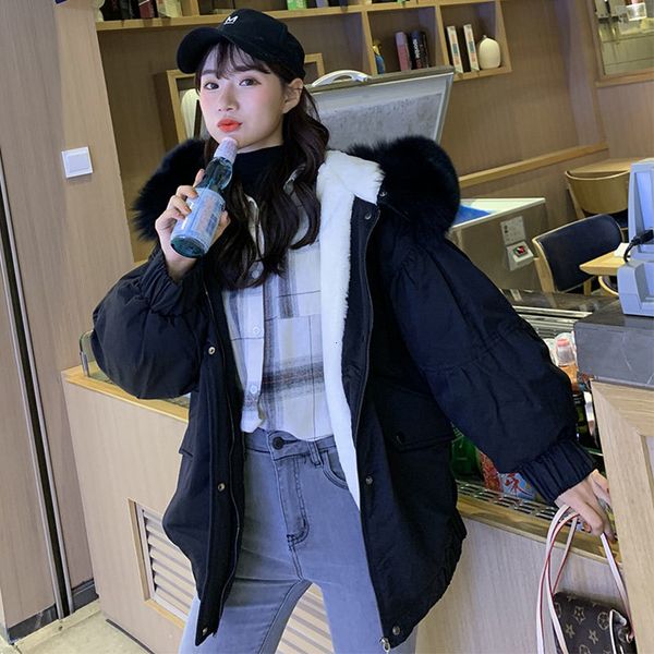 

women short detachable fur collar hooded oversize winter down coat student thick warm jacket cotton padded wadded parkas, Black