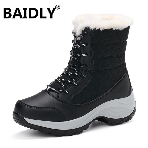 

winter women snow boots mid-calf platform ankle boots women high warm fur plush rain for hiking, Black