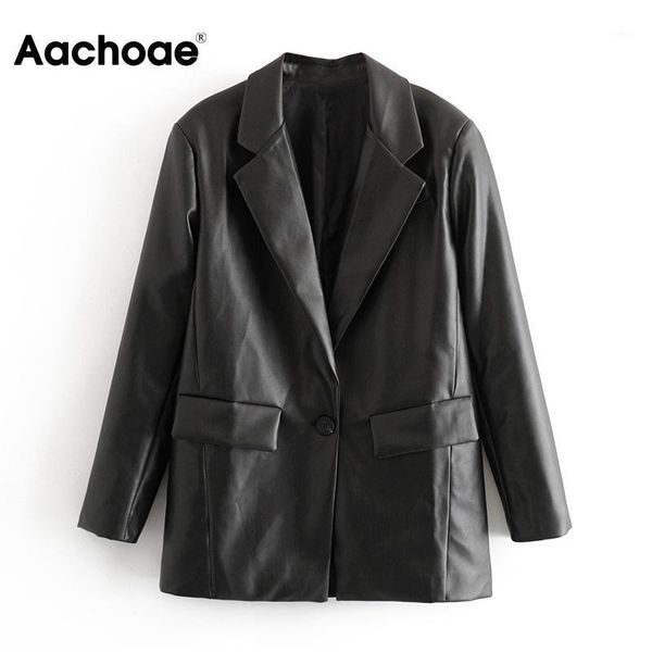

aachoae women pu faux leather blazer suit long sleeve streetwear black jacket coat notched collar loose pockets casual blazers1, White;black