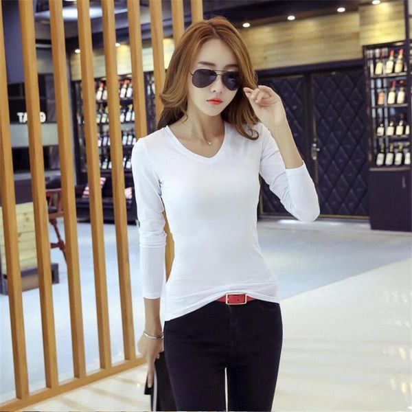 

t shirt women 2020 trendy simple slim fit long sleeve v-neck wild tight ropa mujer tshirt harajuku t-shirt hentai plus size, White