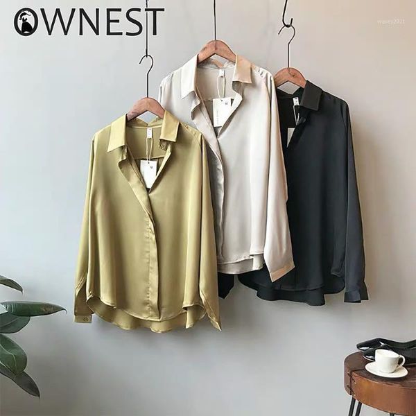 

women's blouses & shirts ownest spring&autumn women fashion long sleeves satin blouse vintage v neck street elegant imitation silk 2021, White