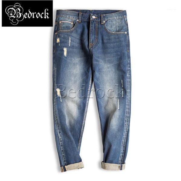 

casual nine-point washed red line denim jeans ami khaki distressed straight-leg pants men1, Blue