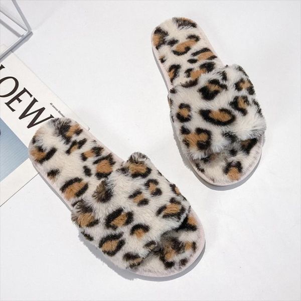 

slippers 2021 winter women house faux fur warm flat shoes female slip on home furry ladies leopard, Black