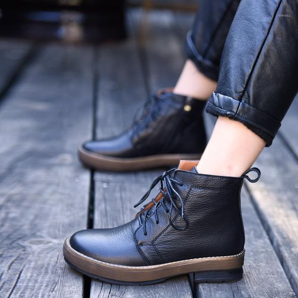 

artmu original 2020 autumn and winter new flat sole lace-up boots genuine leather women's boots ankle a6-151, Black