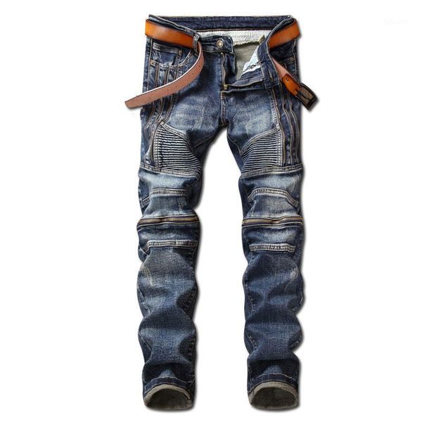 

men nostalgia fake zippers spliced jeans stretch straight long slim trousers fashion casual blue denim male business denim pants1