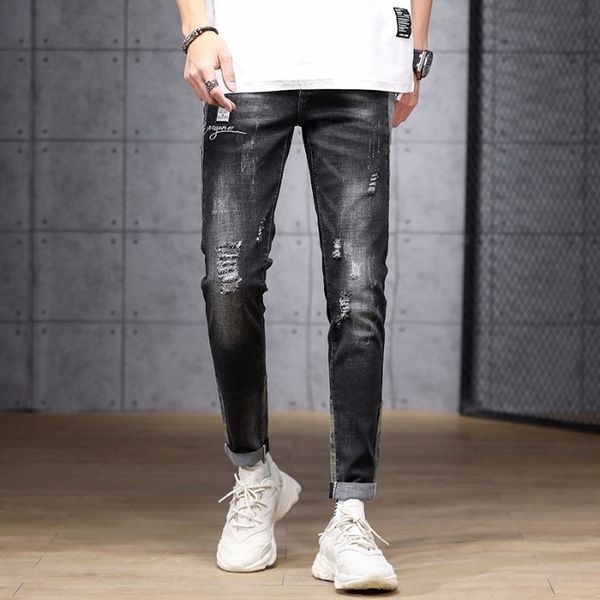 

a7r0y 2020 denim for stitching ripped stretch denim trousers gray men 2020 black jeans and jeans and gray stitching ripped stretch black tro, Blue