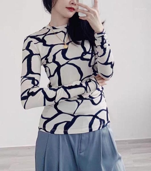 

abstract line print women t-shirt long sleeve t-shirt round neck slim wild lady bottoming shirt 1, White