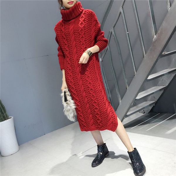 

high 2021 collar new women's nightgown long knitted sweater winter loose tunic 4 colours dress big yhob, Black;brown