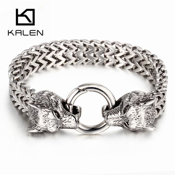 

kalen double животных рука браслет для мужчин нержавеющая сталь 20.5cm 22.5cm mesh chain wolf punk браслеты мужчины байкер ювелирные изделия, Golden;silver