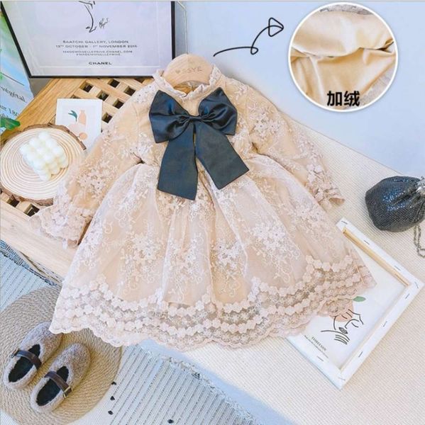 

winter 2019 korean new middle school children's lace bowknot plush long sve drs, Red;yellow