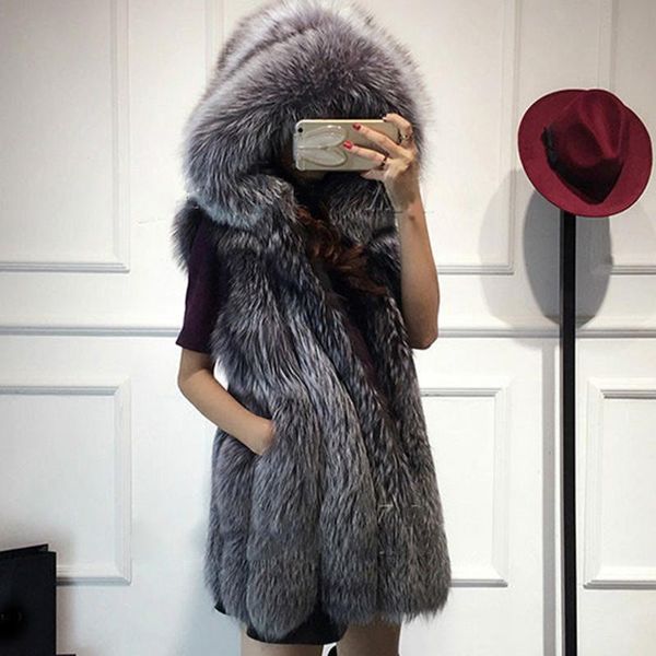 

2020 new fur vest imitation fur coat hooded vest vertical stripe mid-long large size 3xl female winter thick warm o737, Black