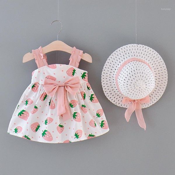 

girl's dresses fashion strawberry polka dot princess dress with cap children bow slip casual style clothes1, Red;yellow