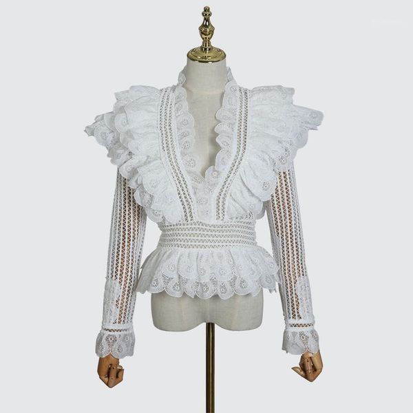 

menkay] 2018 autumn zim hollow out v neck ruffles spliced women shirt new1, White