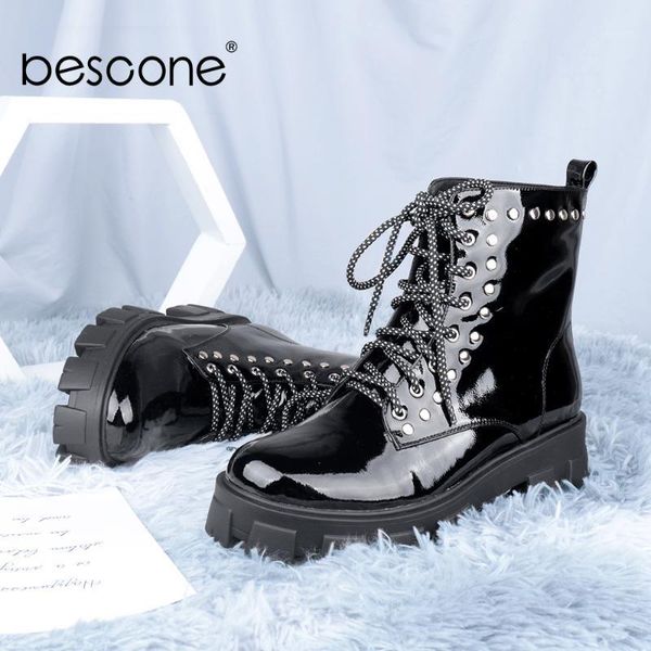 

bescon 2020 new boots woman winter warm round toe high platform boots ladies middle heel rivet design bc8131, Black