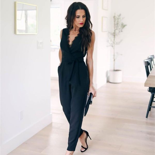 

summer jumpsuit women v-neck sashes sleeveless black lace party club bodysuit casual bow pockets overalls vestidos elegant, Black;white