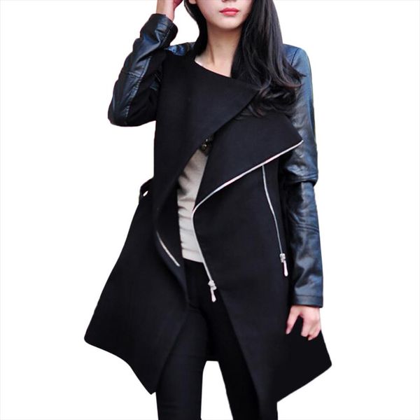 

winter coats women autumn fashion zipper leather patchwork v neck solid casual slim overcoats female outer, Black