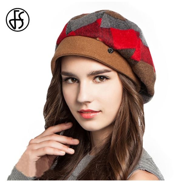 

fs winter wool felt plaid red beret hat women orange green berets girls lady french artist warm baret hats boina mujer femme 201026, Blue;gray