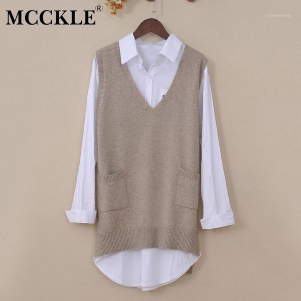 

mcckle autumn women cashmere knitted sweater vests 2018 v neck casual loose solid vest female pockets waistcoat pullover 1, White;black