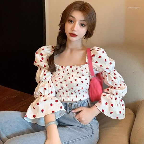 

women strawberry print square collar short blouses fashion long sleeve slim casual chiffon blouse1, White