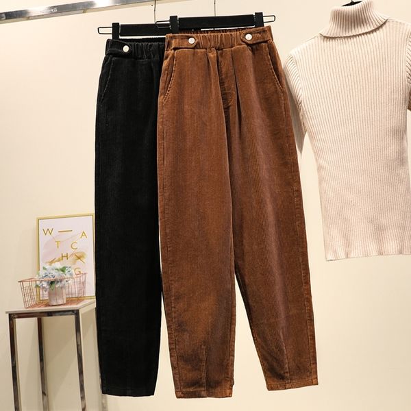 

corduroy pants women high waist plus size casual loose elastic waist ankle-length harem pants 4xl 5xl 201012, Black;white