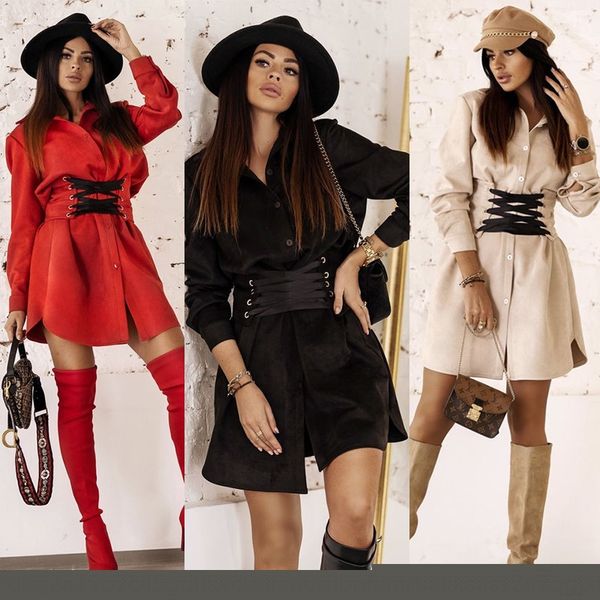 

bgnk3 fd156 autumn and winter 2020 new women's fashion temperament lapel dress long sleeve medium length solid color loose dress, Black;gray