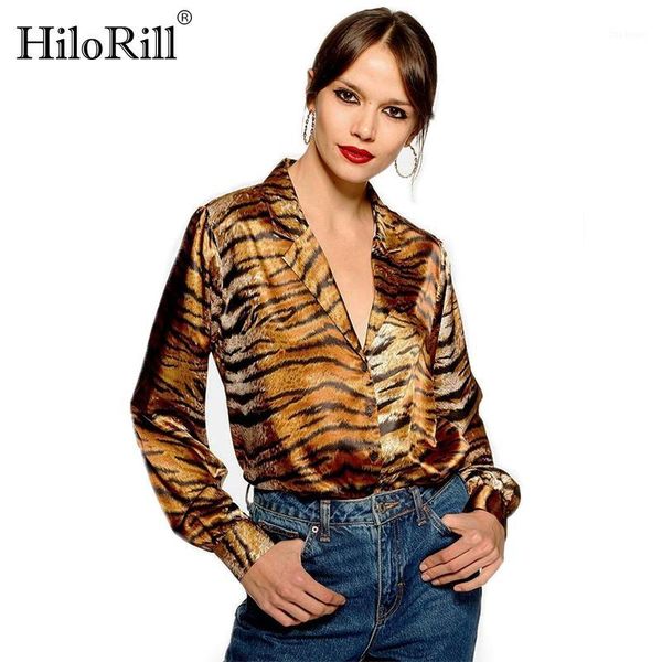 

stylish leopard print long sleeve women spring summer satin casual loose turn down collar ladies tunic animal shirt1, White