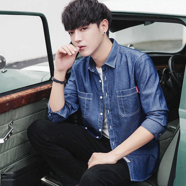 

men's casual long sleeve denim shirt in spring, White;black