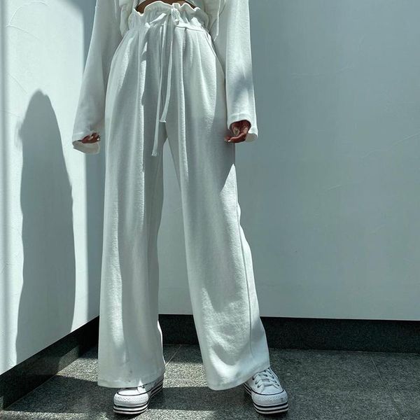 

casual ruffles tie up high waist white sweat pants elegant women 2020 straight trousers harajuku black wide pant pockets capri, Black;white