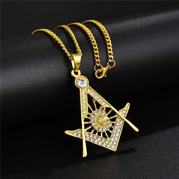 Hip Hop Cadeia Iced Out Mason colares pingentes de ouro Cor do aço inoxidável para mulheres / homens do símbolo maçônico Jóias