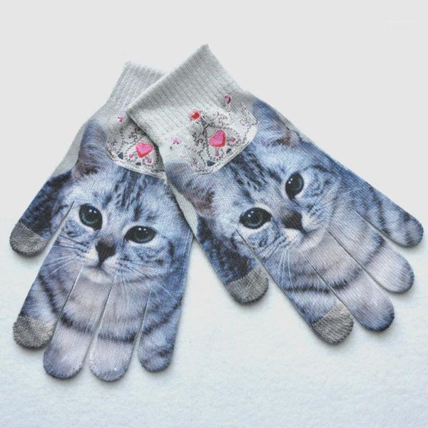 

1pair winter gloves men women winter warm 3d print knitted phone screen kitty pet cute gloves windproof glove soft stretchy #1, Blue;gray