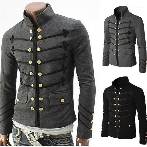

solid gothic military designer vintage casual man coat outerwear uniform punk mens metal men rock jacket steampunk qrppg, Black