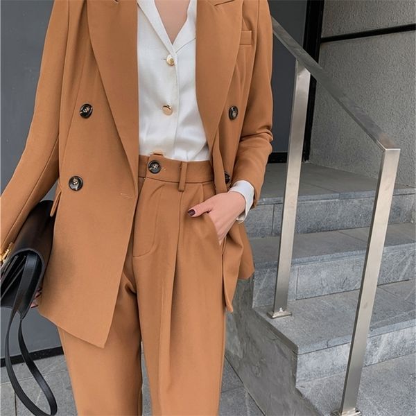 

spring office two-piece blazer pant suit fashion solid women blazer suits long sleeve double breasted blazer pants set 200923, White
