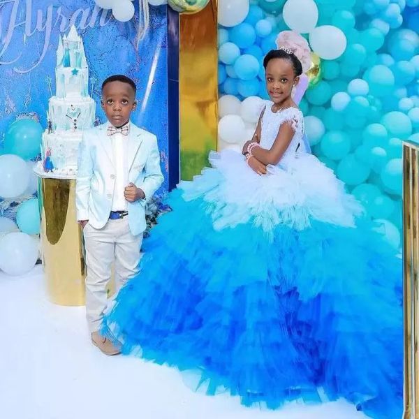 2022 bianco e blu coloful livello fiore ragazze abiti gonfi tulle volant gonna bambini festa di compleanno abiti piuma bambino spettacolo vestito CG001