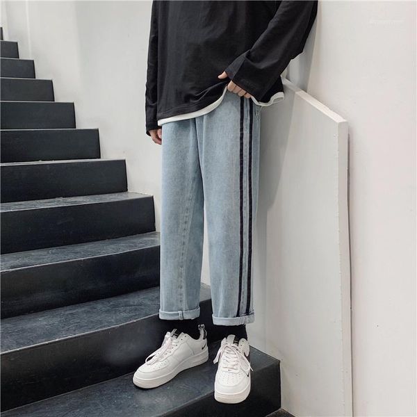 

men's polos autumn korean style loose jeans men's fashion brand striped straight pants hong kong ins all-match wide leg pants1, White;black