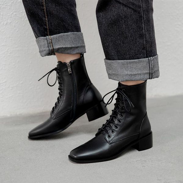 

boots ankle women genuine leather female motorcycle autumn/winter 2021 lace-up shoes cowhide size 34-43, Black