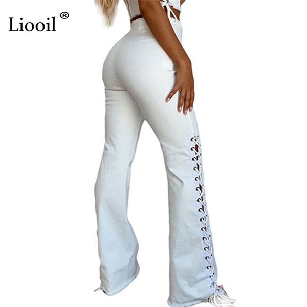 

liooil lace up on the side hollow out white flare jeans 2021 women high waisted zipper streetwear skinny denim trousers 210202, Blue