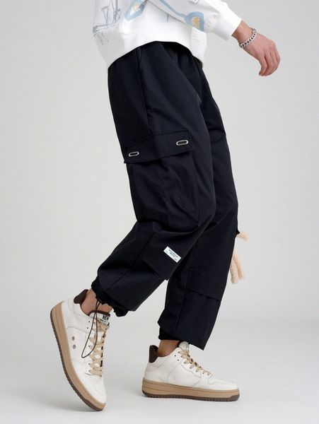 

men drawstring hem flap pocket side cargo pants with toy 94dq#, Black