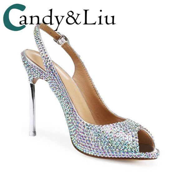 

new style thin heeled nightclub high-heeled sandals colorful crystals fish mouth back empty buckle shallow mouth high heels, Black