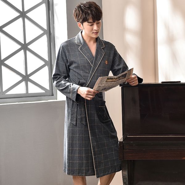 

new plus size bathrobe male plaid 100% cotton trendy bath robe classy kimono men kimono hombre good quality brand yukata for men 201125, Black;brown